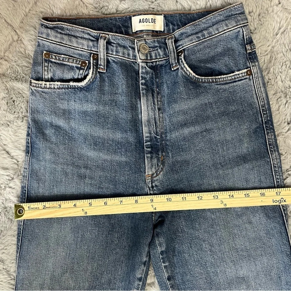 AGOLDE Pinch Waist High Rise Kick Jeans Womens Size 27 Raw Hem Ankle Crop Denim - Picture 9 of 16